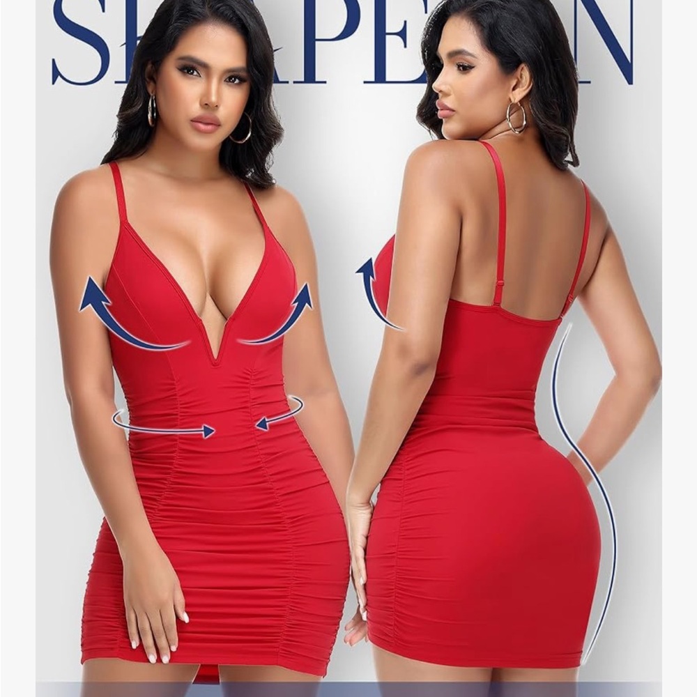 Red Bodycon Low cut V-Neck Ruched Mini Dress